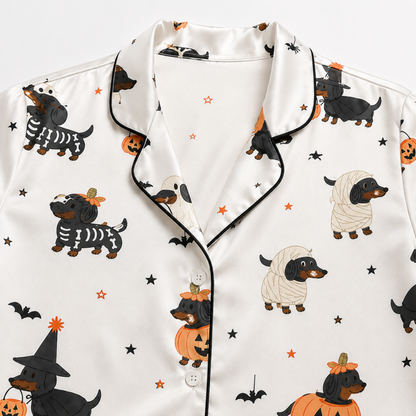 PJ-M376-Spooky Halloween Dachshund Costume Satin Pajamas Wiener Dog Mummy Pumpkin Sleepwear