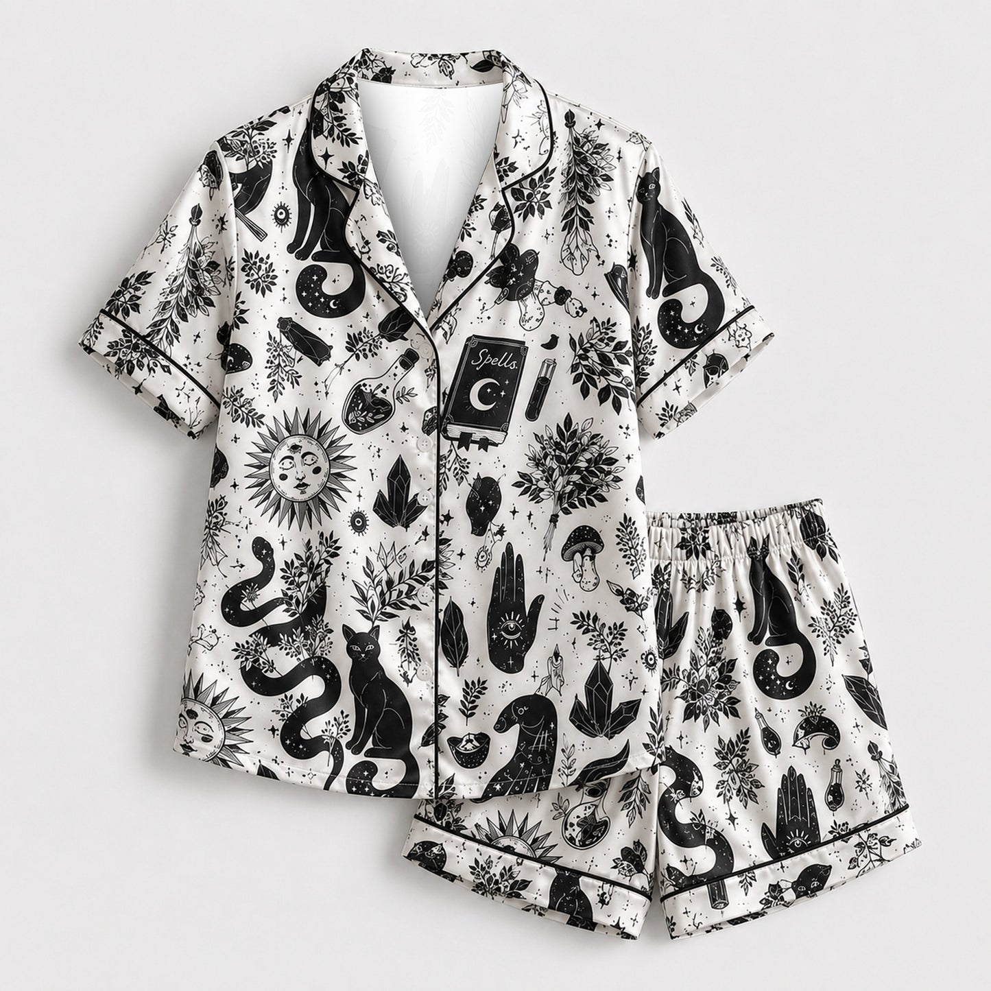 PJ-M377-Celestial Sun Moon Satin Pajamas Witchy Black Cat Occult Spellbook Sleepwear