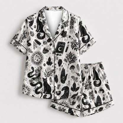PJ-M377-Celestial Sun Moon Satin Pajamas Witchy Black Cat Occult Spellbook Sleepwear
