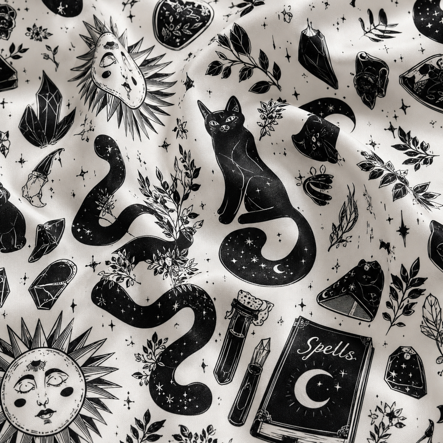 PJ-M377-Celestial Sun Moon Satin Pajamas Witchy Black Cat Occult Spellbook Sleepwear