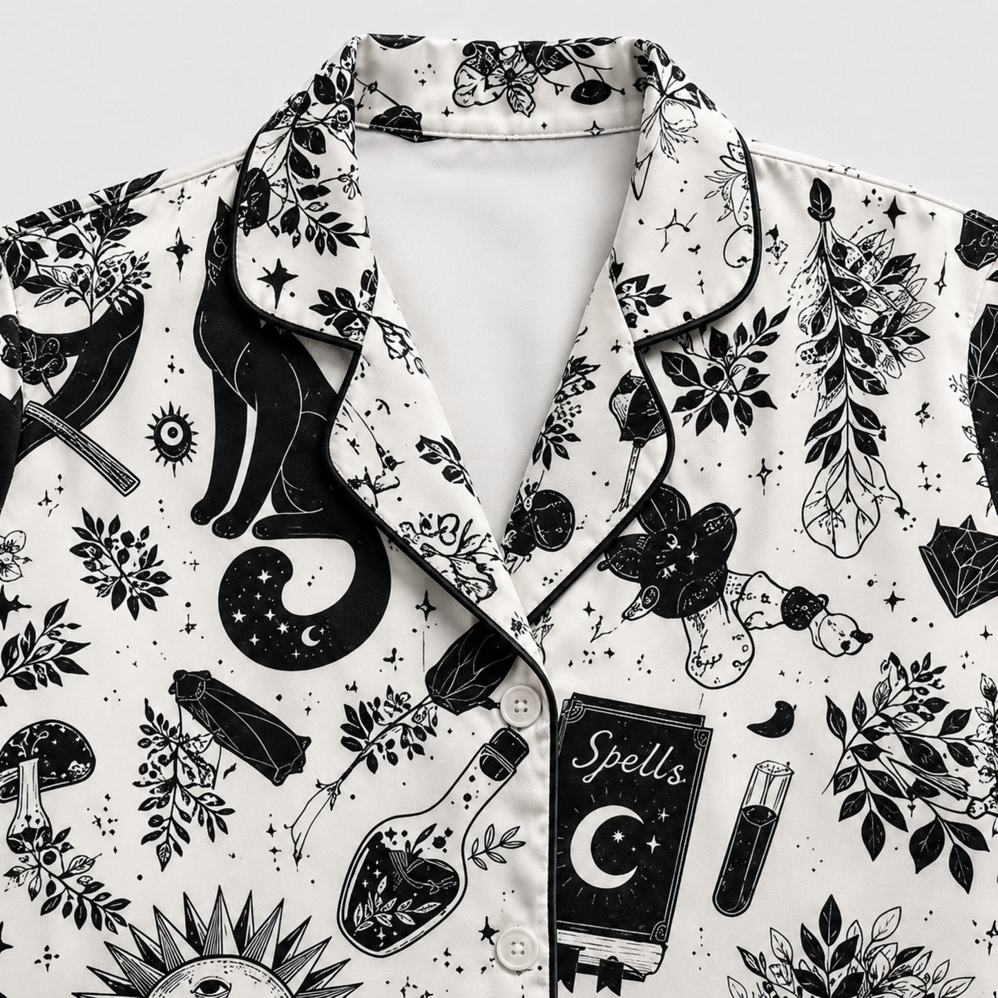 PJ-M377-Celestial Sun Moon Satin Pajamas Witchy Black Cat Occult Spellbook Sleepwear