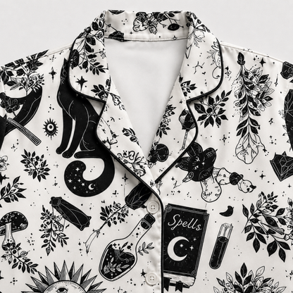 PJ-M377-Celestial Sun Moon Satin Pajamas Witchy Black Cat Occult Spellbook Sleepwear
