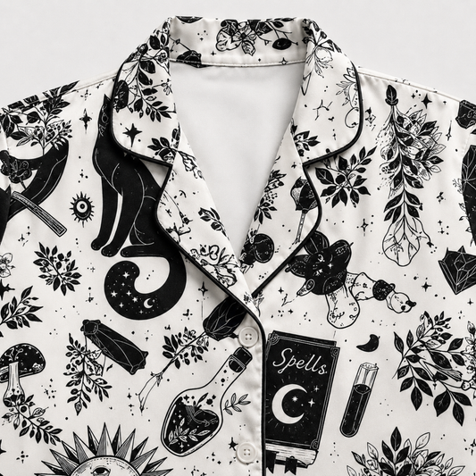 PJ-M377-Celestial Sun Moon Satin Pajamas Witchy Black Cat Occult Spellbook Sleepwear