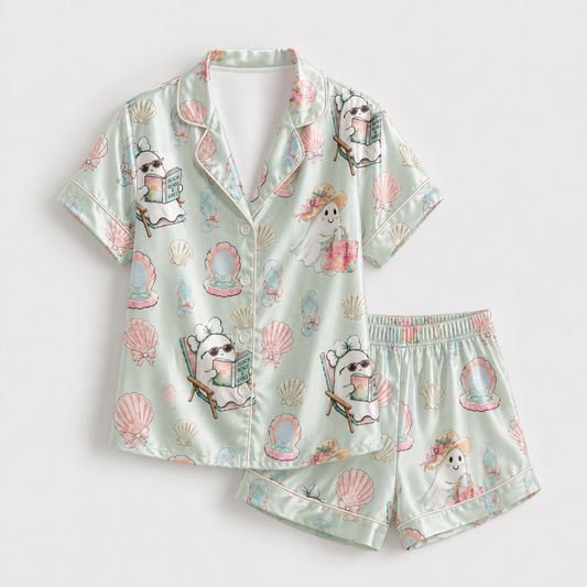 PJ-M384-Pastel Summerween Ghost Satin Pajamas Mint Green Coastal Beach Seashell Sleepwear