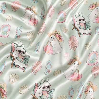 PJ-M384-Pastel Summerween Ghost Satin Pajamas Mint Green Coastal Beach Seashell Sleepwear