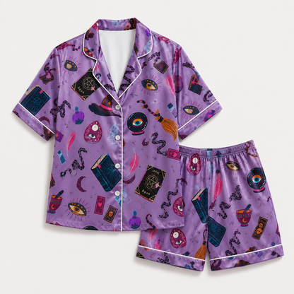 PJ-M387-Violet Witchy Magic Satin Pajamas Occult Spellbook Crystal Ball Sleepwear