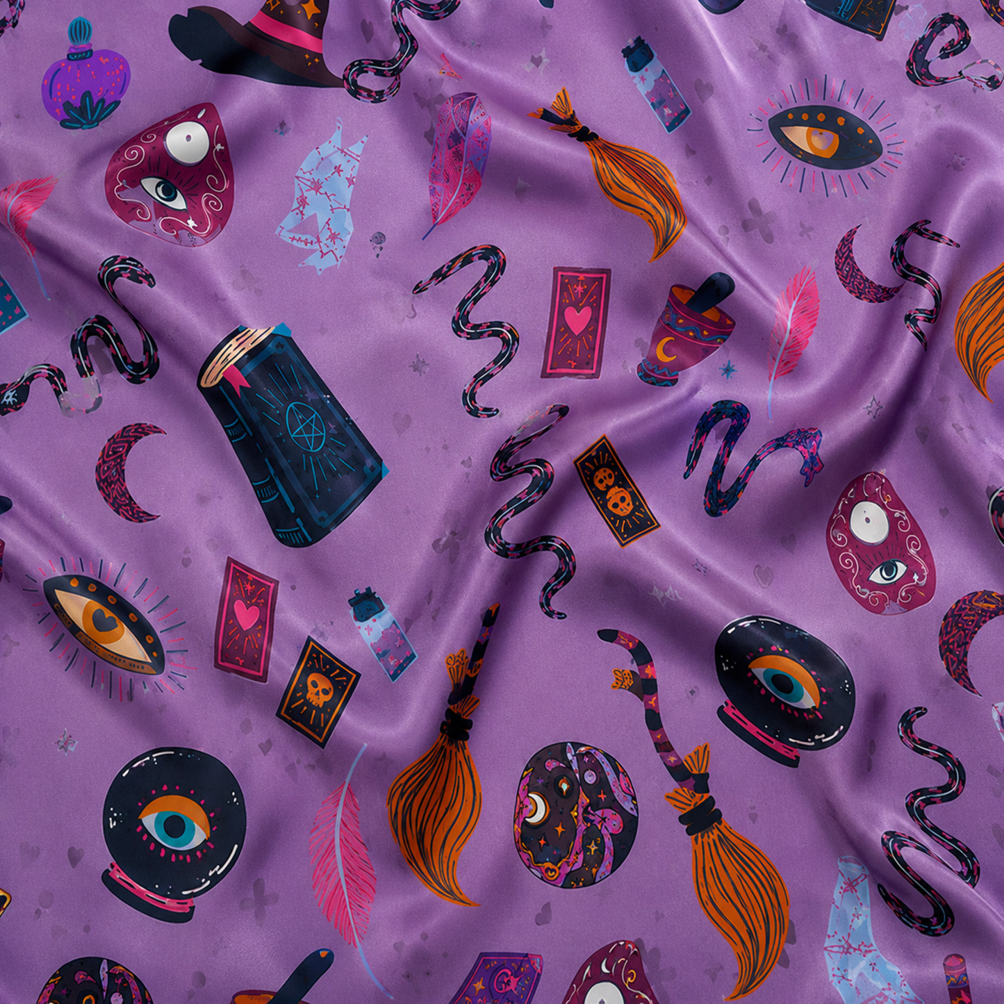 PJ-M387-Violet Witchy Magic Satin Pajamas Occult Spellbook Crystal Ball Sleepwear
