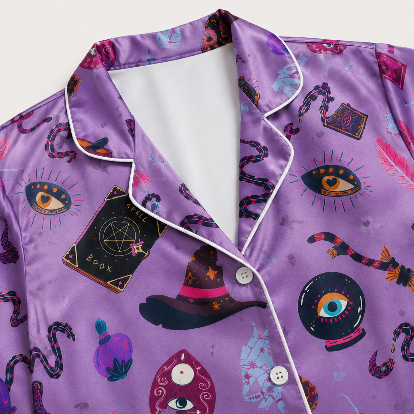 PJ-M387-Violet Witchy Magic Satin Pajamas Occult Spellbook Crystal Ball Sleepwear