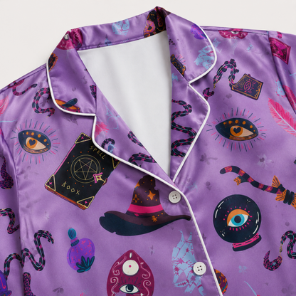 PJ-M387-Violet Witchy Magic Satin Pajamas Occult Spellbook Crystal Ball Sleepwear