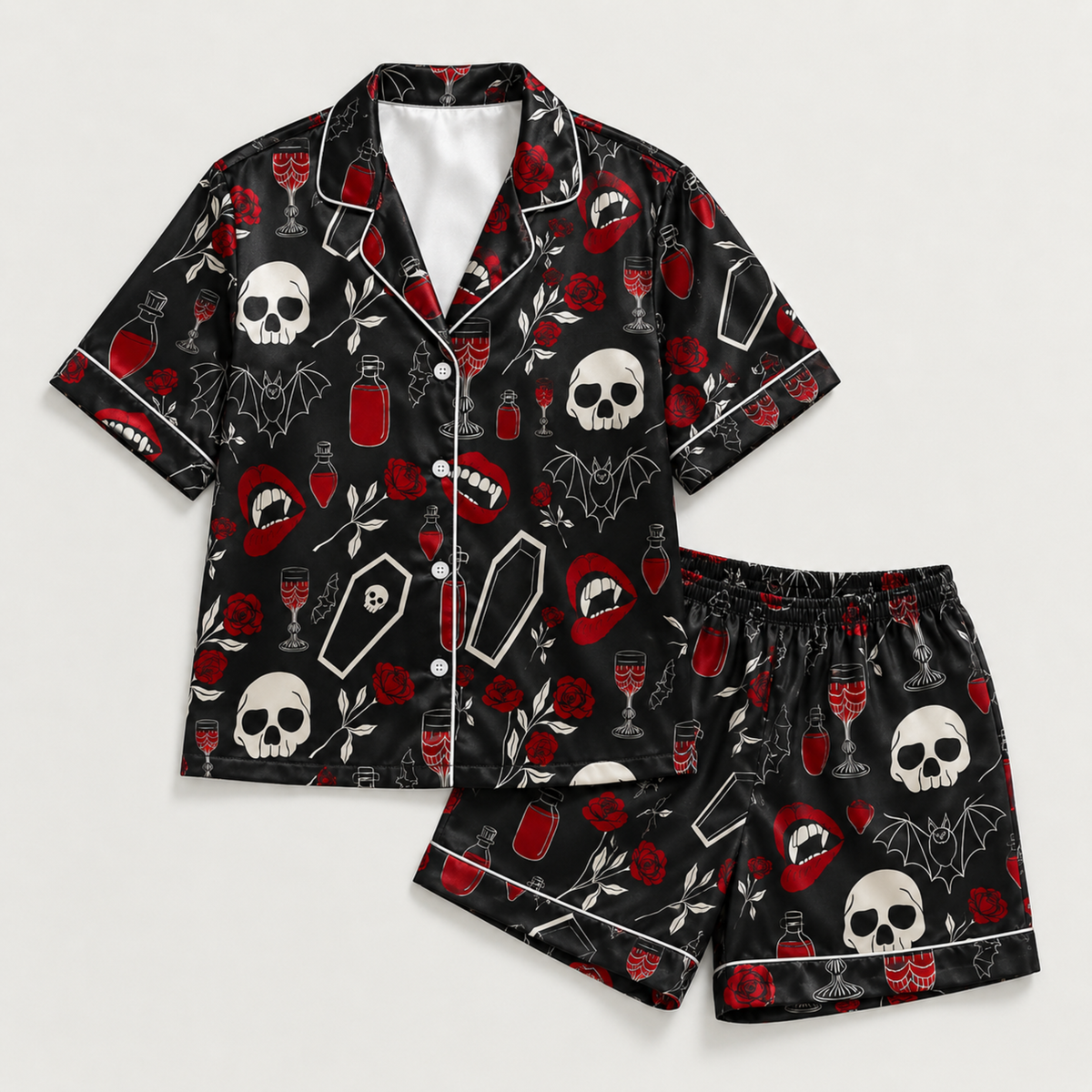 PJ-M388-Vampire Rose Skull Satin Pajamas Dark Gothic Coffin Sleepwear Pjs