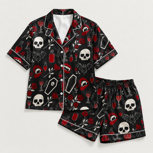 PJ-M388-Vampire Rose Skull Satin Pajamas Dark Gothic Coffin Sleepwear Pjs