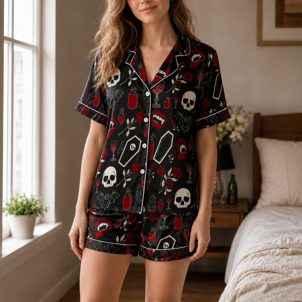 PJ-M388-Vampire Rose Skull Satin Pajamas Dark Gothic Coffin Sleepwear Pjs