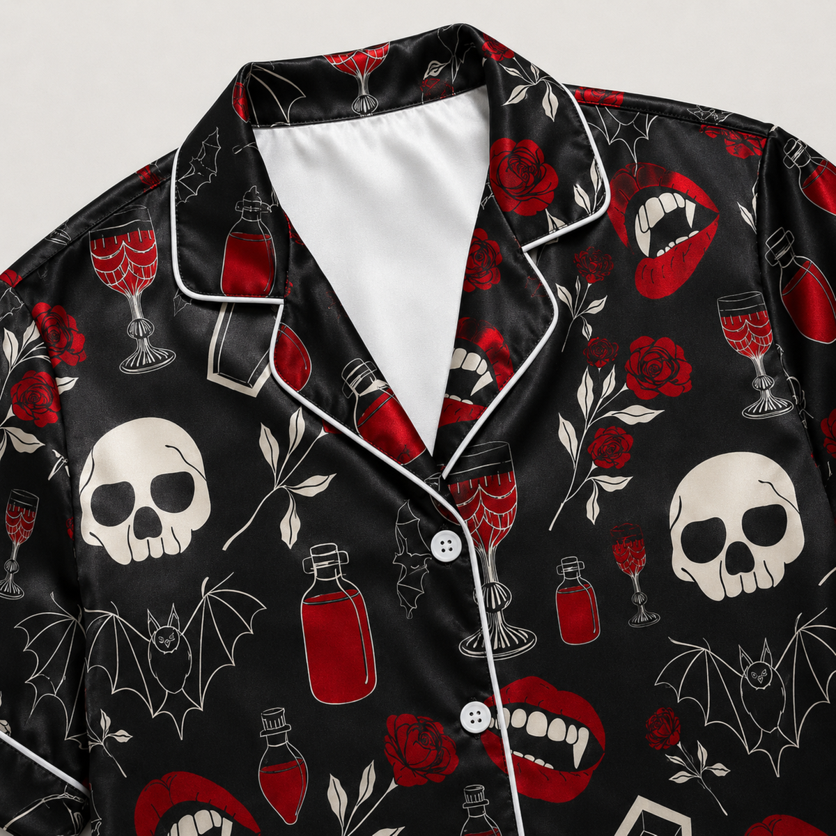 PJ-M388-Vampire Rose Skull Satin Pajamas Dark Gothic Coffin Sleepwear Pjs