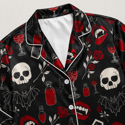 PJ-M388-Vampire Rose Skull Satin Pajamas Dark Gothic Coffin Sleepwear Pjs