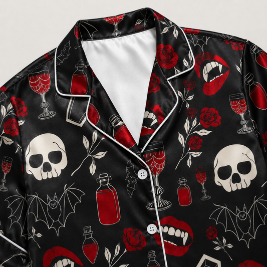 PJ-M388-Vampire Rose Skull Satin Pajamas Dark Gothic Coffin Sleepwear Pjs