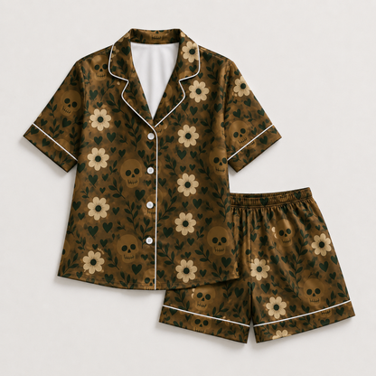 PJ-M389-Earth Tone Floral Skull Satin Pajamas Bohemian Botanical Heart Sleepwear Pjs