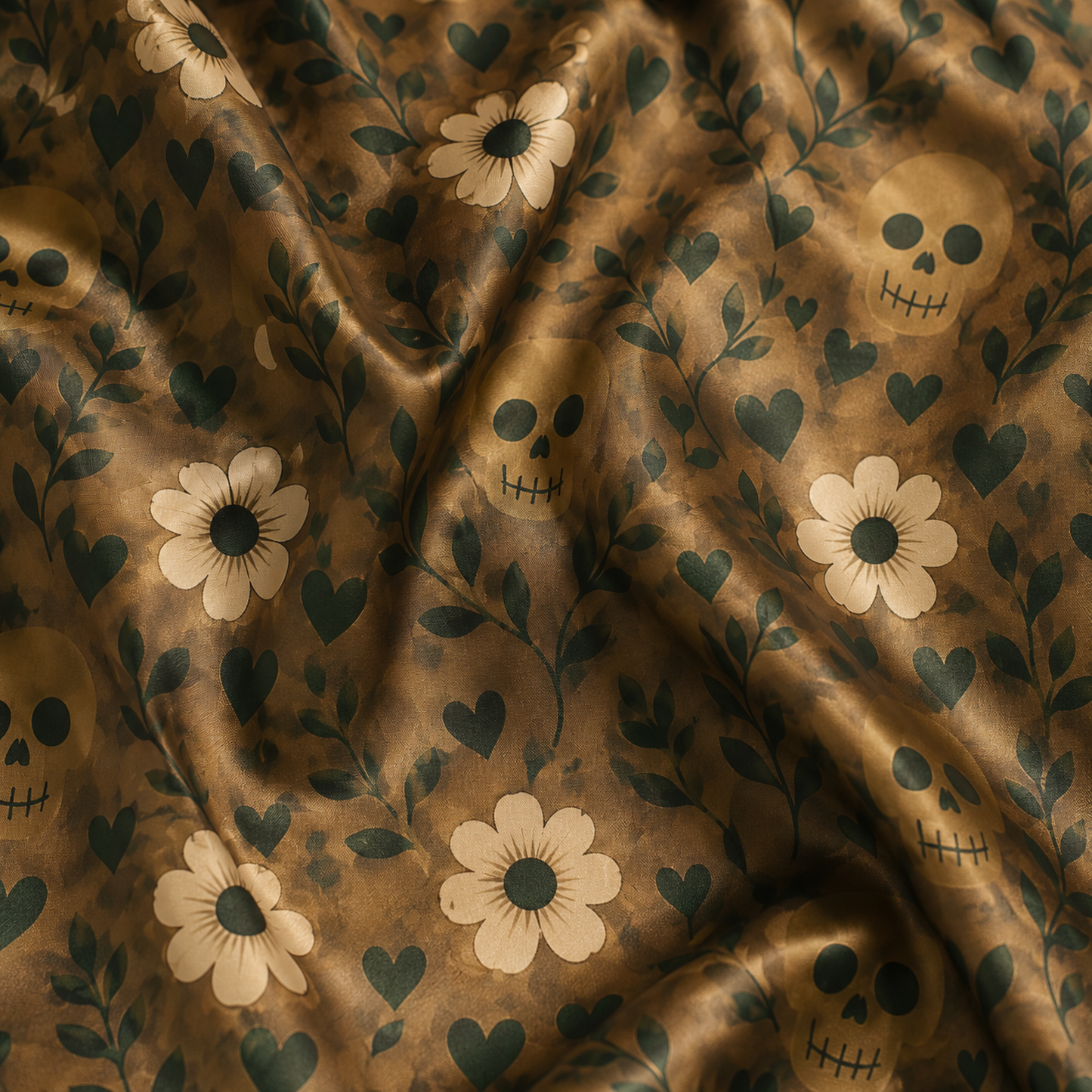 PJ-M389-Earth Tone Floral Skull Satin Pajamas Bohemian Botanical Heart Sleepwear Pjs