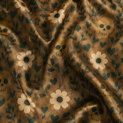 PJ-M389-Earth Tone Floral Skull Satin Pajamas Bohemian Botanical Heart Sleepwear Pjs