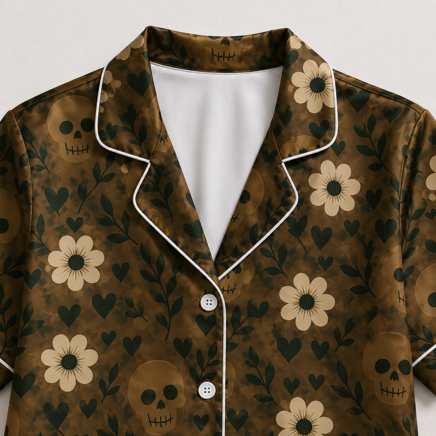 PJ-M389-Earth Tone Floral Skull Satin Pajamas Bohemian Botanical Heart Sleepwear Pjs