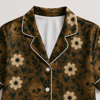 PJ-M389-Earth Tone Floral Skull Satin Pajamas Bohemian Botanical Heart Sleepwear Pjs