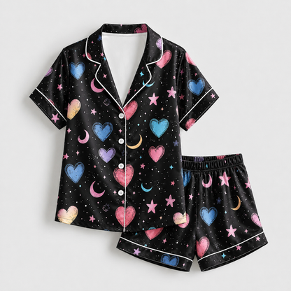 PJ-M390-Black Celestial Pastel Heart Satin Pajamas Star Moon Cosmic Sleepwear Pjs