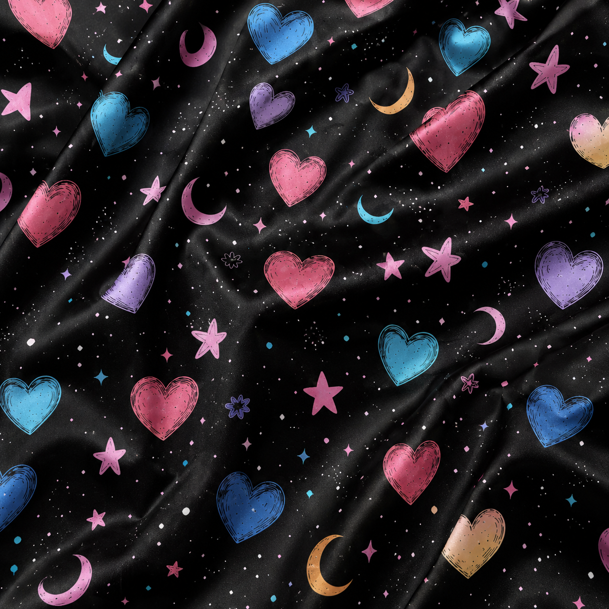PJ-M390-Black Celestial Pastel Heart Satin Pajamas Star Moon Cosmic Sleepwear Pjs