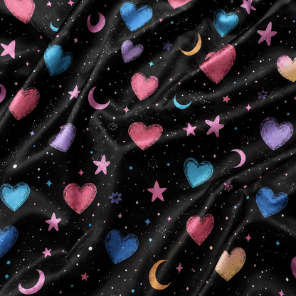 PJ-M390-Black Celestial Pastel Heart Satin Pajamas Star Moon Cosmic Sleepwear Pjs
