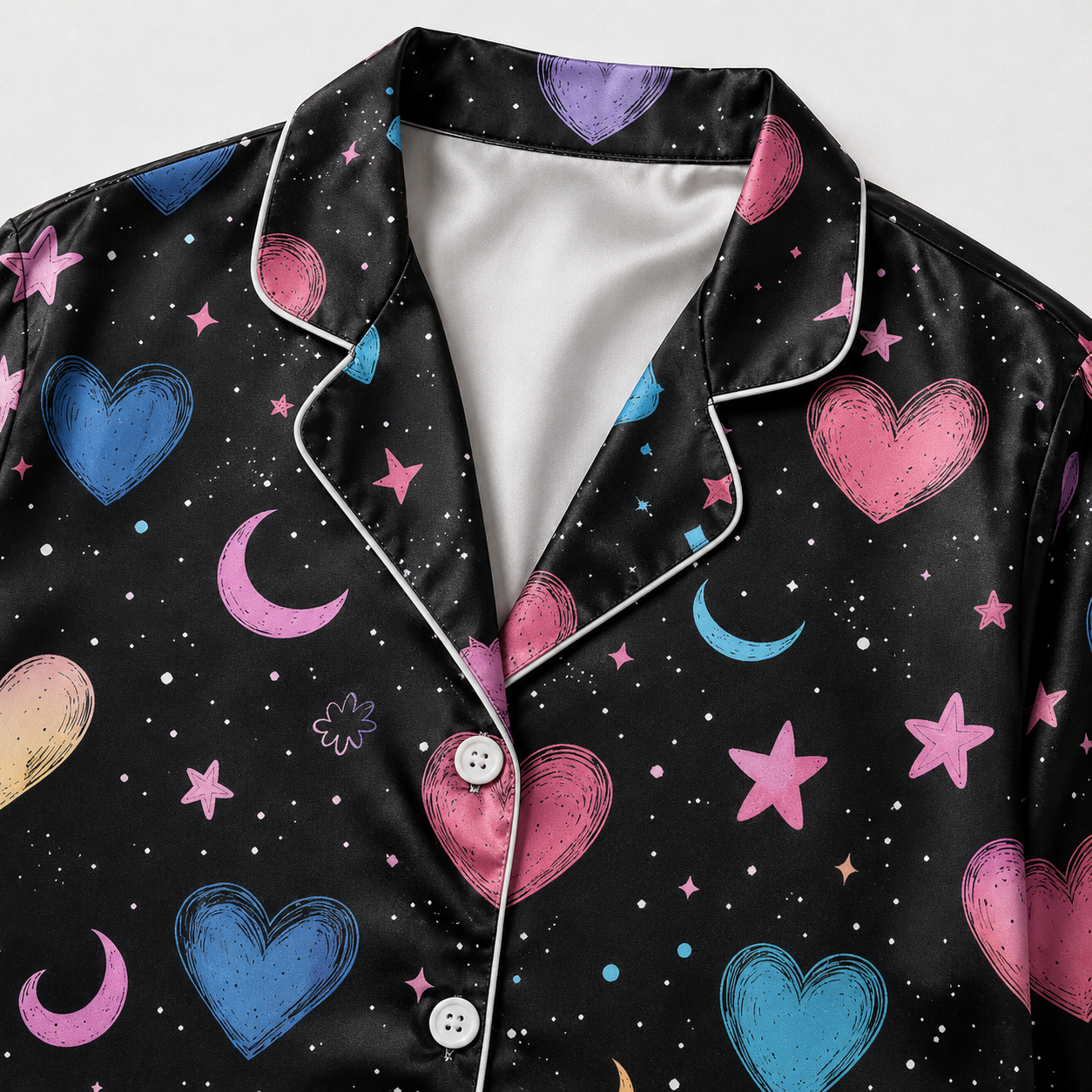 PJ-M390-Black Celestial Pastel Heart Satin Pajamas Star Moon Cosmic Sleepwear Pjs