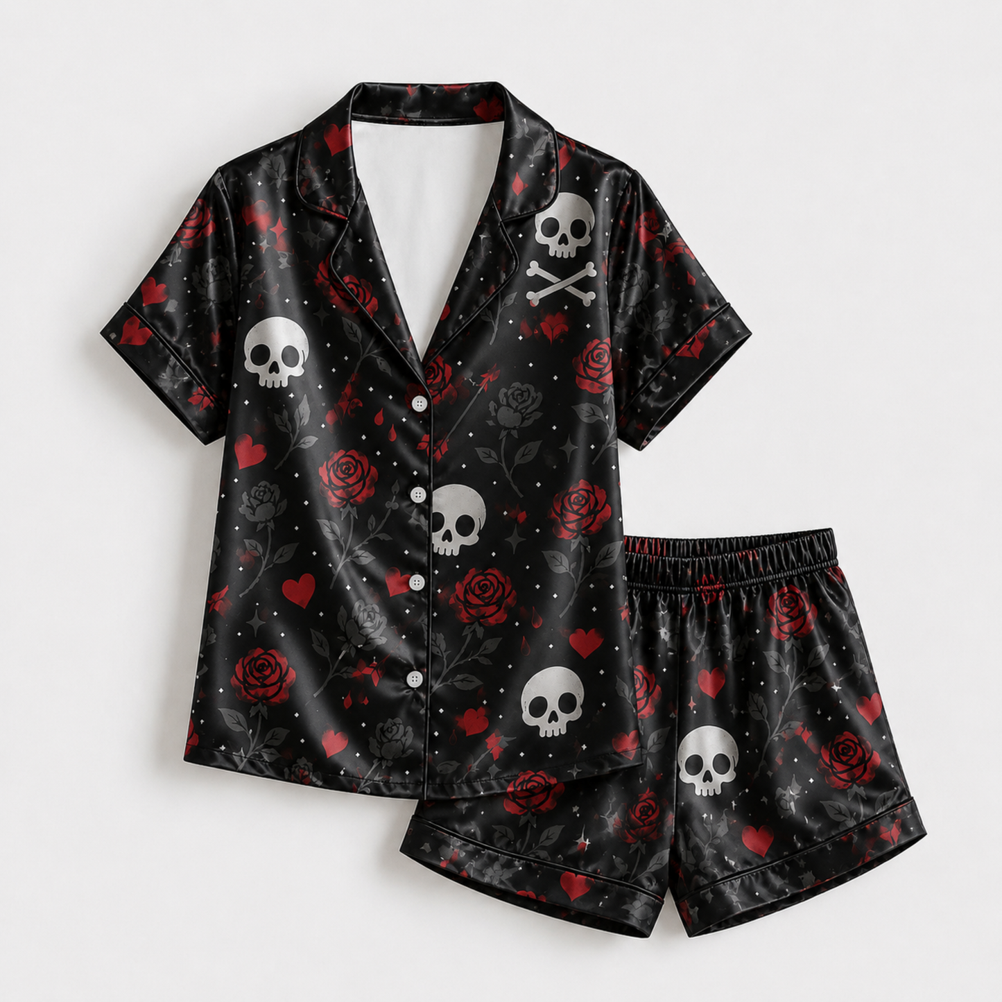 PJ-M391-Gothic Skull Red Rose Satin Pajamas Black Dark Romance Sleepwear Pjs