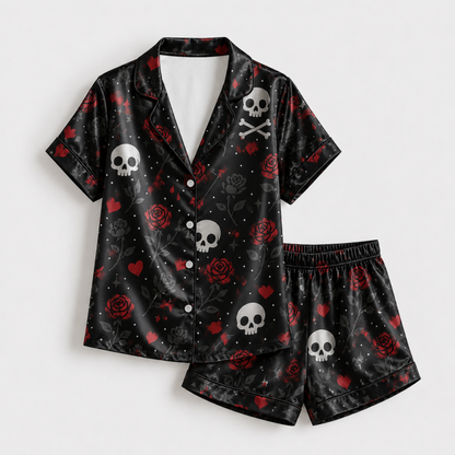 PJ-M391-Gothic Skull Red Rose Satin Pajamas Black Dark Romance Sleepwear Pjs