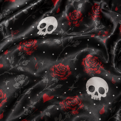 PJ-M391-Gothic Skull Red Rose Satin Pajamas Black Dark Romance Sleepwear Pjs