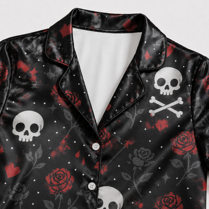 PJ-M391-Gothic Skull Red Rose Satin Pajamas Black Dark Romance Sleepwear Pjs