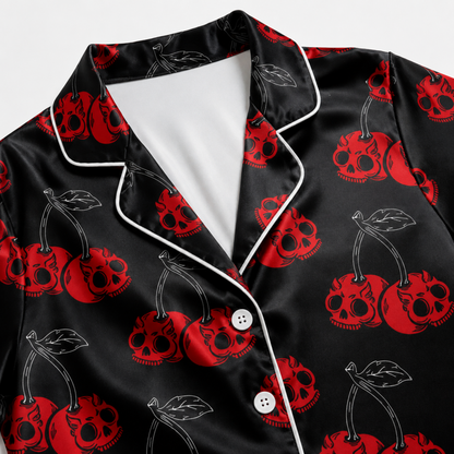PJ-M392-Black Cherry Skull Satin Pajamas Gothic Red Alternative Rockabilly Sleepwear Pjs