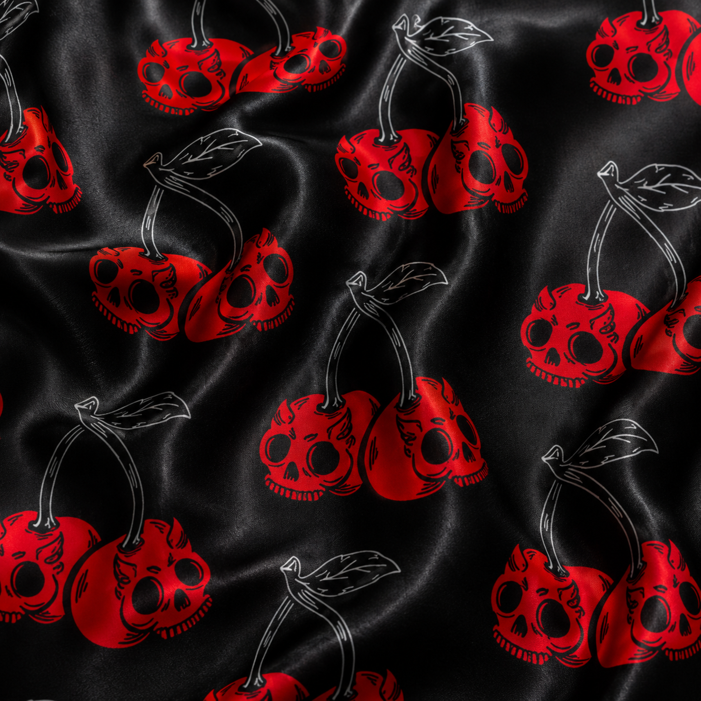 PJ-M392-Black Cherry Skull Satin Pajamas Gothic Red Alternative Rockabilly Sleepwear Pjs