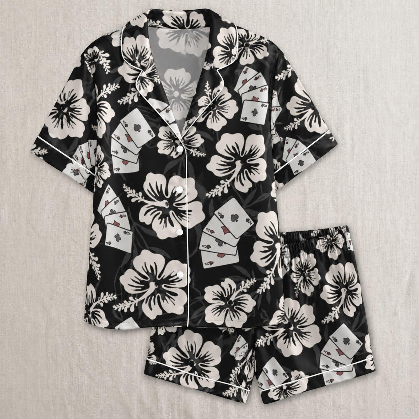 PJ-056-Satin Colorful Hibiscus Casino White Piping Button Up Pajama Set FREE SHIPPING