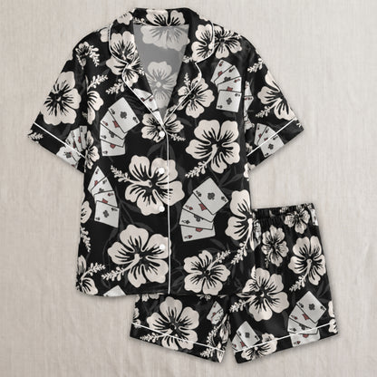 PJ-056-Satin Colorful Hibiscus Casino White Piping Button Up Pajama Set FREE SHIPPING