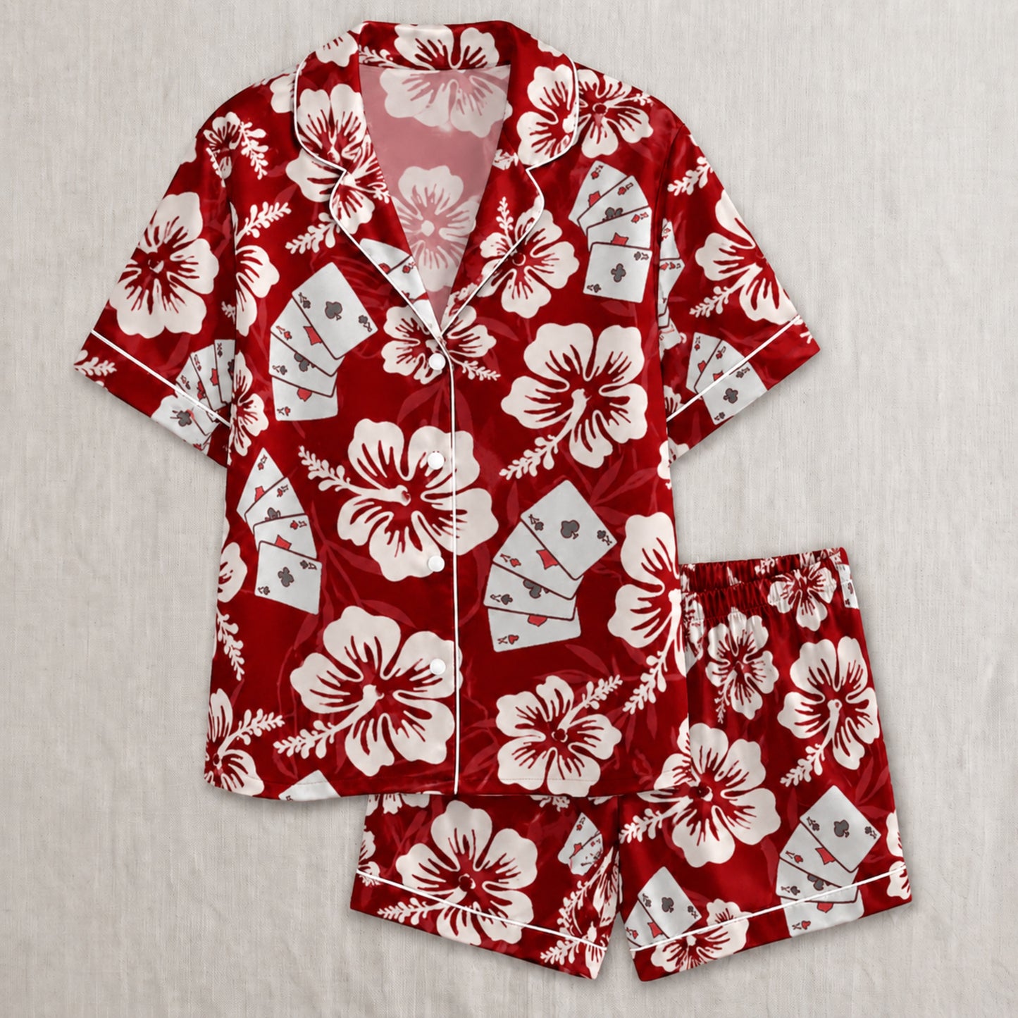 PJ-056-Satin Colorful Hibiscus Casino White Piping Button Up Pajama Set FREE SHIPPING