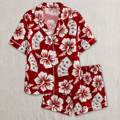 PJ-056-Satin Colorful Hibiscus Casino White Piping Button Up Pajama Set FREE SHIPPING