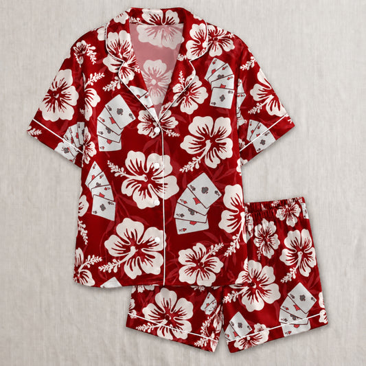 PJ-056-Satin Colorful Hibiscus Casino White Piping Button Up Pajama Set FREE SHIPPING