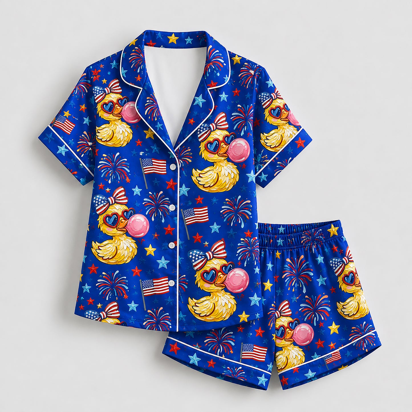 PJ-207-Unisex Satin Pajama Set with Patriotic Duck Fireworks Print Button Down Sleepwear Shirt and Bottoms FREE SHIPING