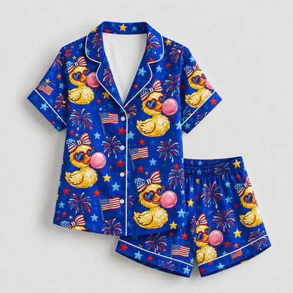 PJ-207-Unisex Satin Pajama Set with Patriotic Duck Fireworks Print Button Down Sleepwear Shirt and Bottoms FREE SHIPING