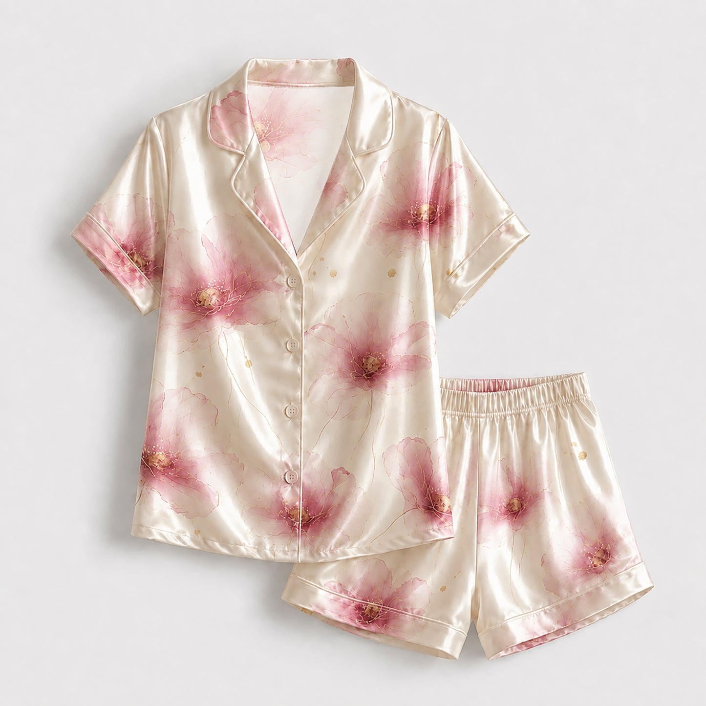 PJ-119-Watercolor Blossom Satin Pajama Set, Graphic Poppy Patterned Multicolor Unisex Loungewear Nightwear Apparel FREE SHIPING