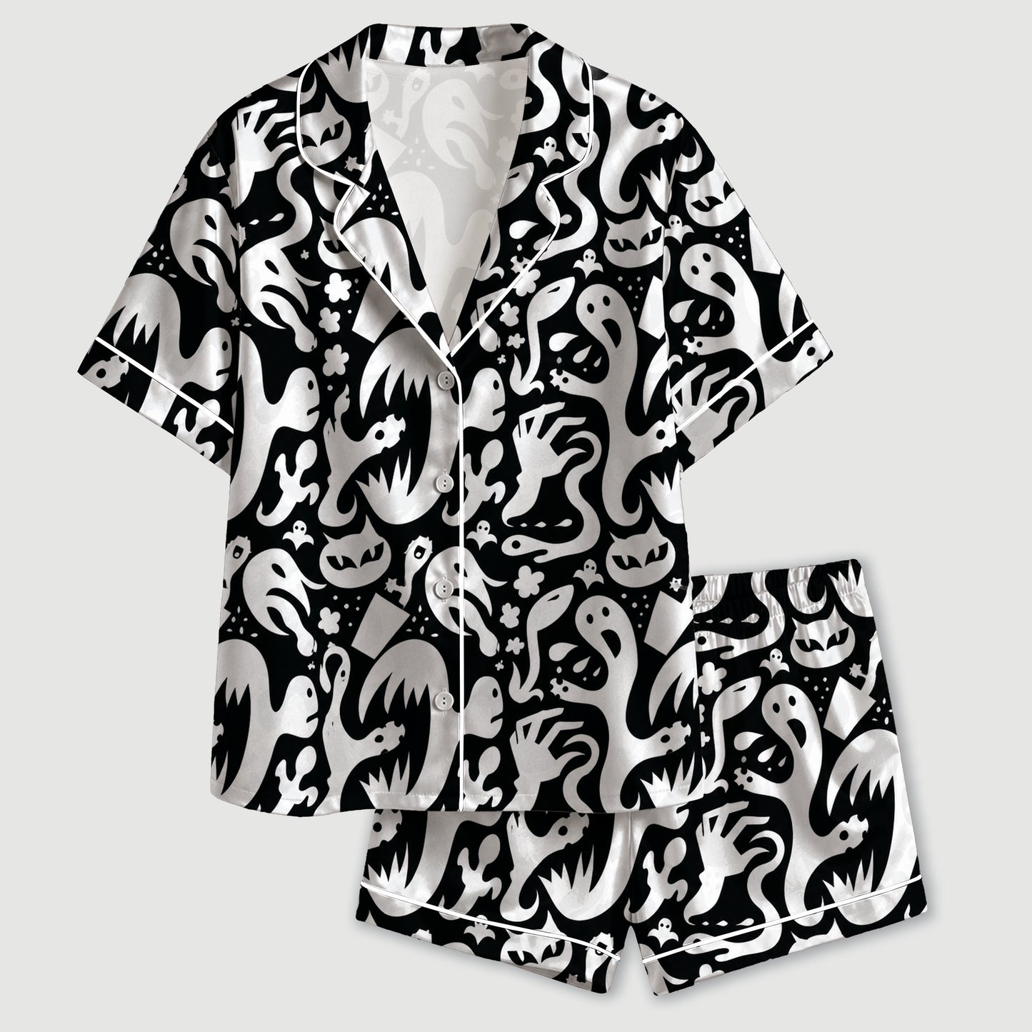 PJ-732-White And Yellow Ghost Patch Satin Pajama Set with Charming Halloween Celebration Print