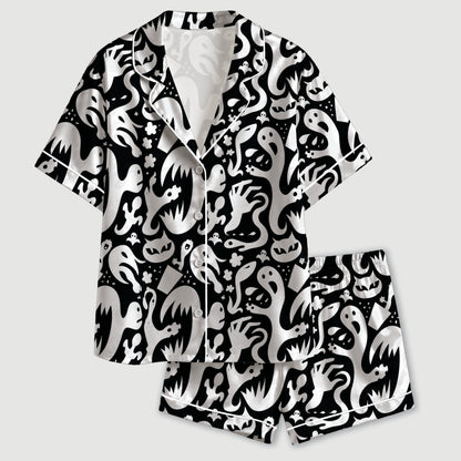 PJ-732-White And Yellow Ghost Patch Satin Pajama Set with Charming Halloween Celebration Print