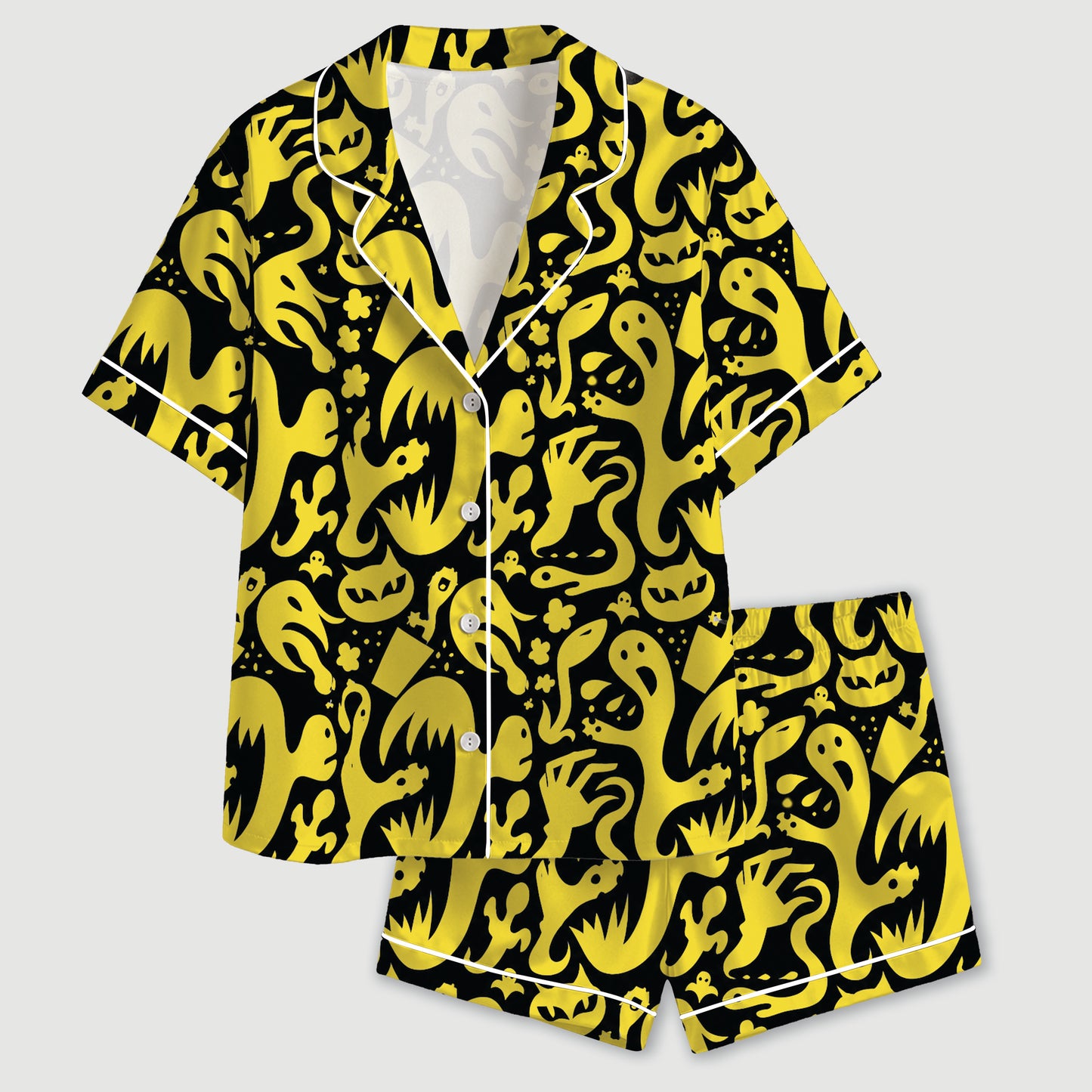 PJ-732-White And Yellow Ghost Patch Satin Pajama Set with Charming Halloween Celebration Print