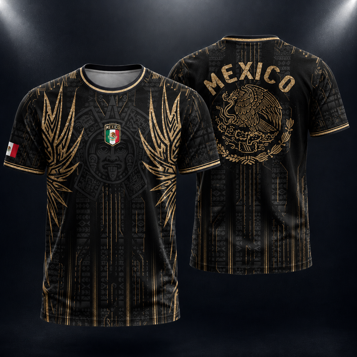 SJ-283-Adult/Youth Black Gold Mexico Aztec Calendar Clothing Set Graphic Soccer Jersey Cultural Pride Matching Apparel FREE SHIPING