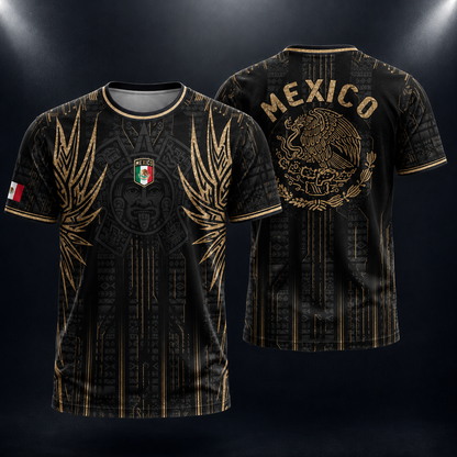 SJ-283-Adult/Youth Black Gold Mexico Aztec Calendar Clothing Set Graphic Soccer Jersey Cultural Pride Matching Apparel FREE SHIPING