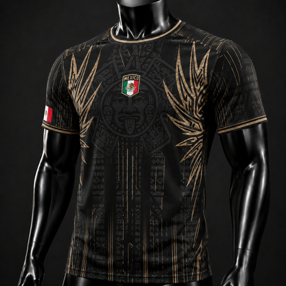 SJ-283-Adult/Youth Black Gold Mexico Aztec Calendar Clothing Set Graphic Soccer Jersey Cultural Pride Matching Apparel FREE SHIPING
