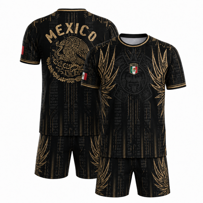 SJ-283-Adult/Youth Black Gold Mexico Aztec Calendar Clothing Set Graphic Soccer Jersey Cultural Pride Matching Apparel FREE SHIPING