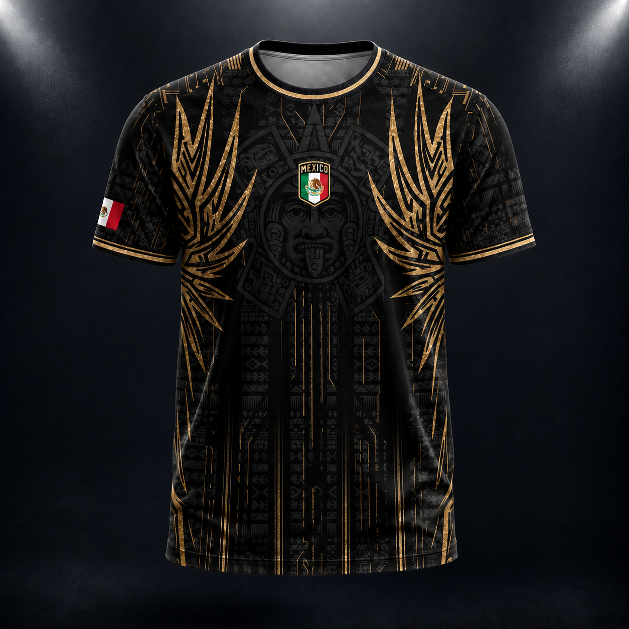 SJ-283-Adult/Youth Black Gold Mexico Aztec Calendar Clothing Set Graphic Soccer Jersey Cultural Pride Matching Apparel FREE SHIPING